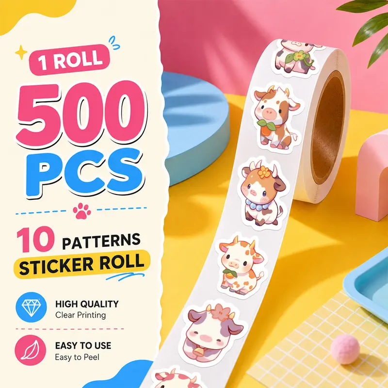 500PCS/Roll Cow Sticker Roll, 10 Designs Aesthetic Decorative Sticker Tape, Self Adhesive Journaling Stickers for Notebook, Laptop, Phone Case and Daily Decoration