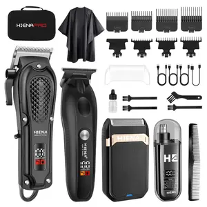 HIENA Professional Hairdressing Care Four-Piece Set; professional hair clipper, beard trimmer, household shaver, nasal hair trimmer, and their matching limit combs, comb, and cape Hair Clipper Kit