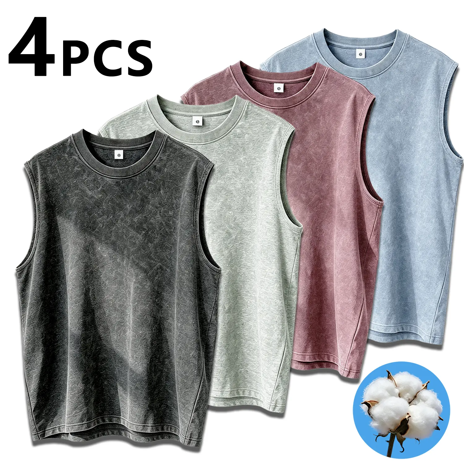 Mens Vintage Tank Top Washed Cotton Sleeveless Muscle Shirt Casual Sport Gym Workout Bodybuilding Activewear Tee Acid Wash Loose Fit High Street Fashion Y2K Grunge Aesthetic Retro Skate Clothes Running Athletic Sleeveless T-Shirt Multipack Menswear Tshirt