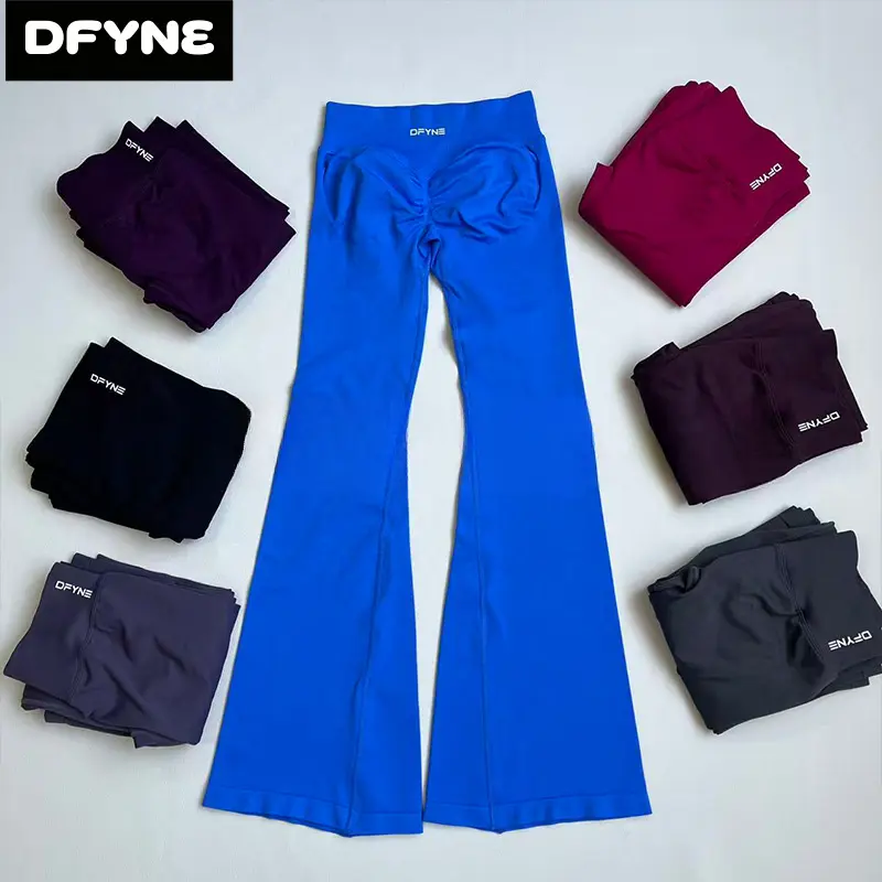 DFYNE High Waisted Flared Leggings for Women| Seamless Scrunch Booty Yoga Pants| Tummy Control Flat Waistband Flare Workout Tights
