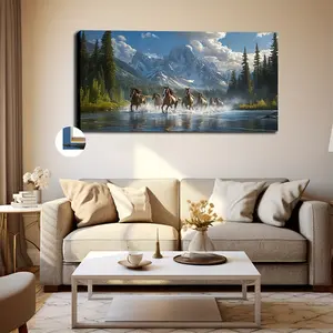 Wood-Framed Large-Format Natural Style Canvas Print - Majestic Horse Herd in Mountain Landscape, 24x48 in, for Living Room & Bedroom Wall Decor, Dynamic Scene Art, Home Decoration