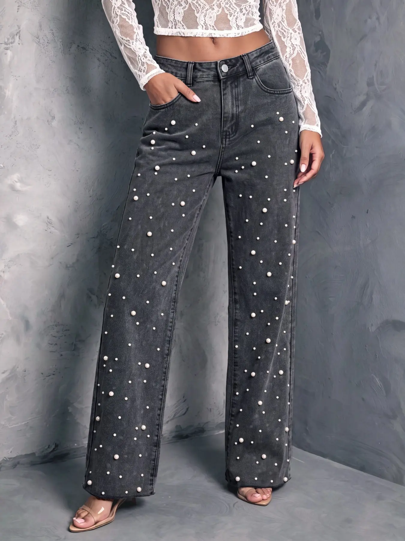 High Elastic Waist Narrow Leg Jeans, Vintage Washed Charcoal, Pearl Embellishments, Soft Stretch Fabric, All-Season Fashion