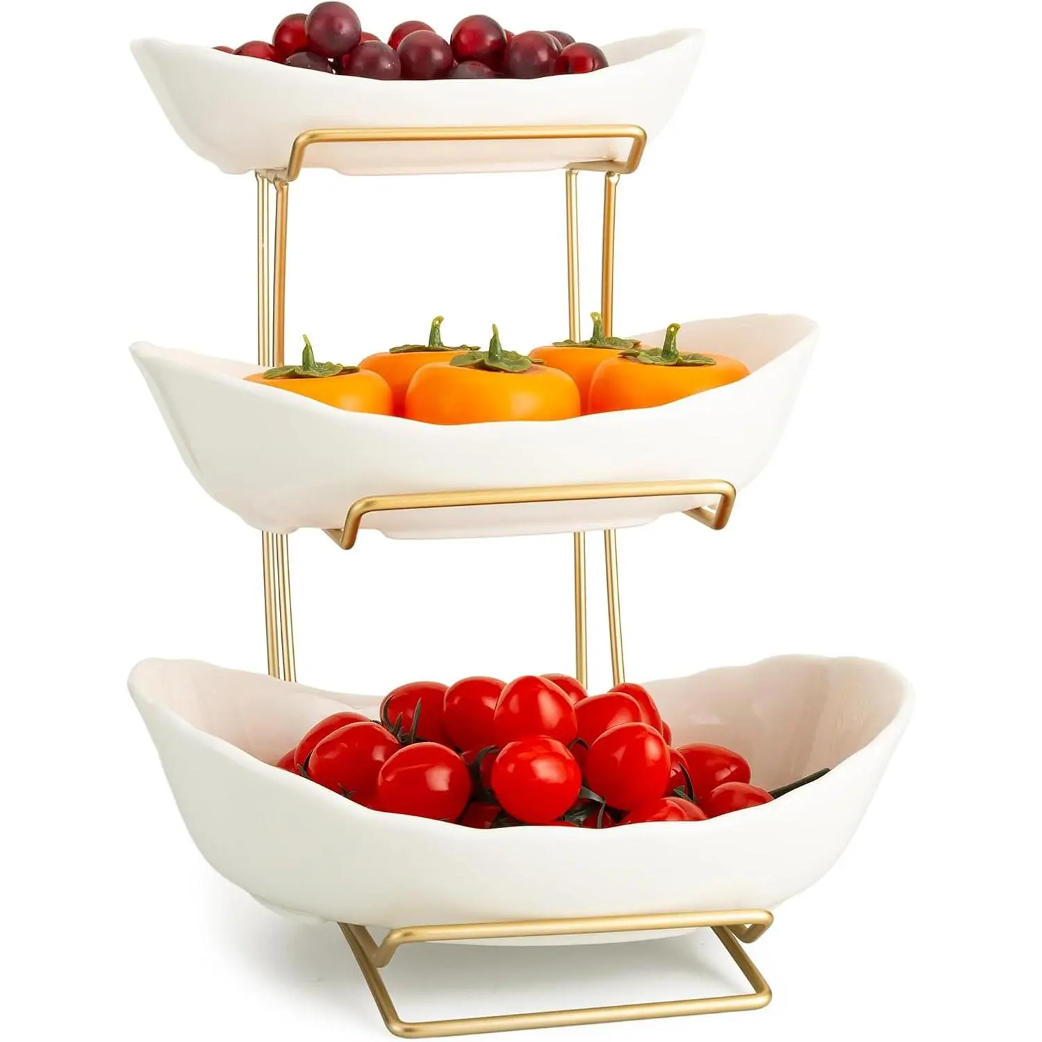 3 Tier White  Fruit Bowl and Tray with Metal Stand, Triple Layer Fruit Basket for Snacks, Nuts, Bread, Candy Storage