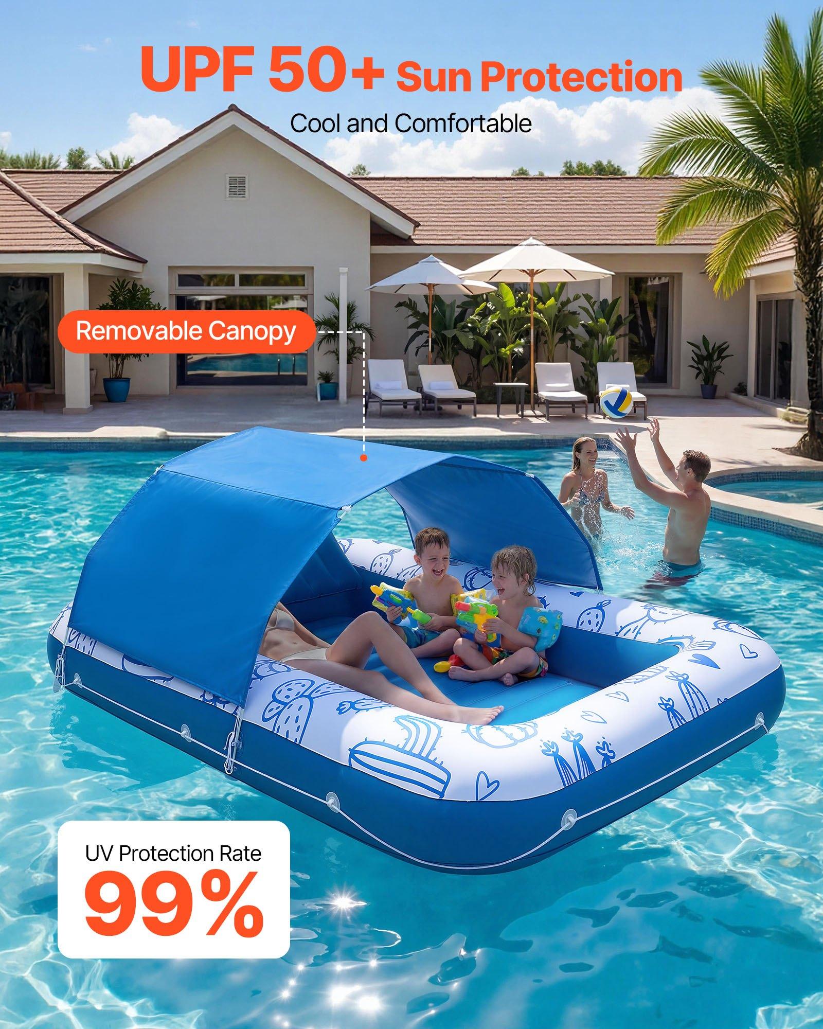 VEVOR Inflatable Pool Float with UPF 50+ Canopy, 82" x 55" Large Tanning Pool Floating Lounger for Adults, 550LBS Capacity Sunbathing Lounger Floaties with Pillow, Phone & Cup Holder for Water Fun