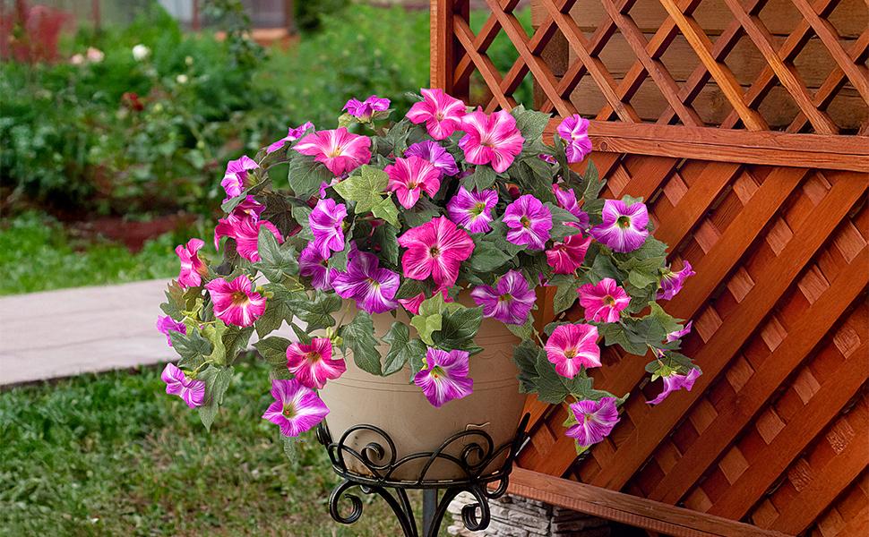 2 Bundles Artificial Fake Flowers Plants for Outdoor Decoration, Faux Petunias Silk Flower UV Resistant No Fade for Home Outside Garden Balcony Yard Porch Realistic Indoor Decor