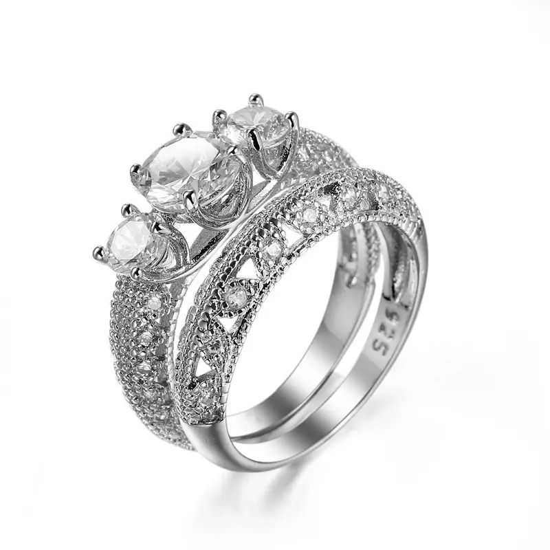 copper micro paved cubic zircon couple ring set, multi-gem stackable matching band, stylish men women daily hand accessory, distinctive inlaid zircon jewelry