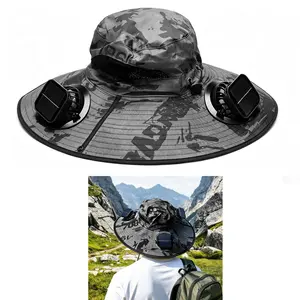 3 Solar Fan Wide Brim Sun Hat UV Protection Waterproof Camo Hat, 3 Speed Solar USB Rechargeable Cooling Bucket Hat for Outdoor Fishing Hiking Camping Gardening Travel