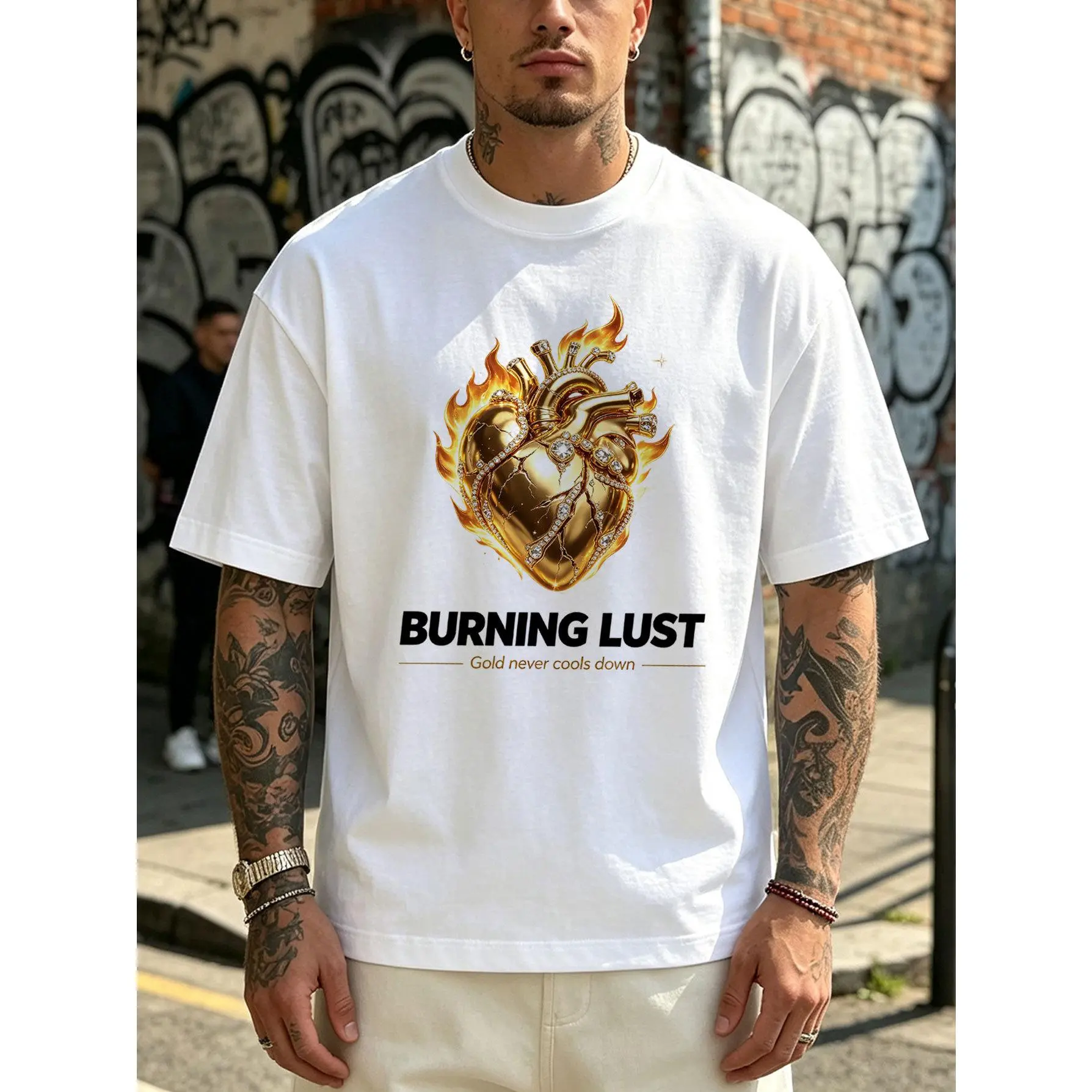 Flame Heart Graphic T-Shirt for Men, Burning Heart Streetwear Shirt, Fire Print Vintage Tee, Y2K Casual Graphic Top, Trendy Summer Shirt Gift for Him