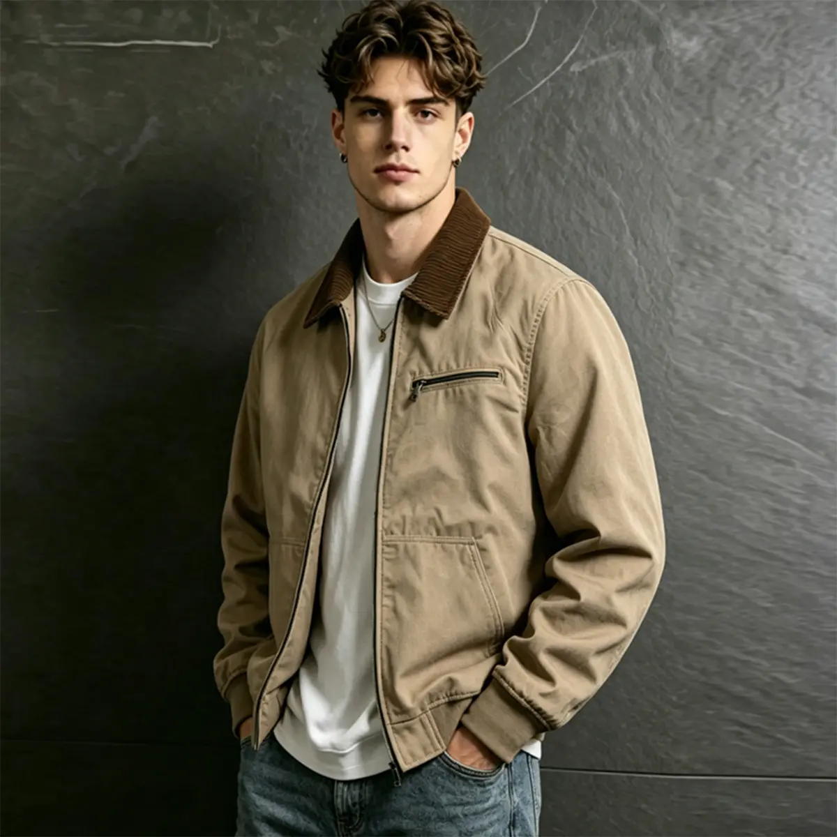 Men's collar full zipper casual jacket, featuring contrasting ribbed collar and zipper chest pocket, is a functional and fashionable outerwear item with a retro workwear aesthetic, suitable for spring and autumn commuting, travel, and daily wear.