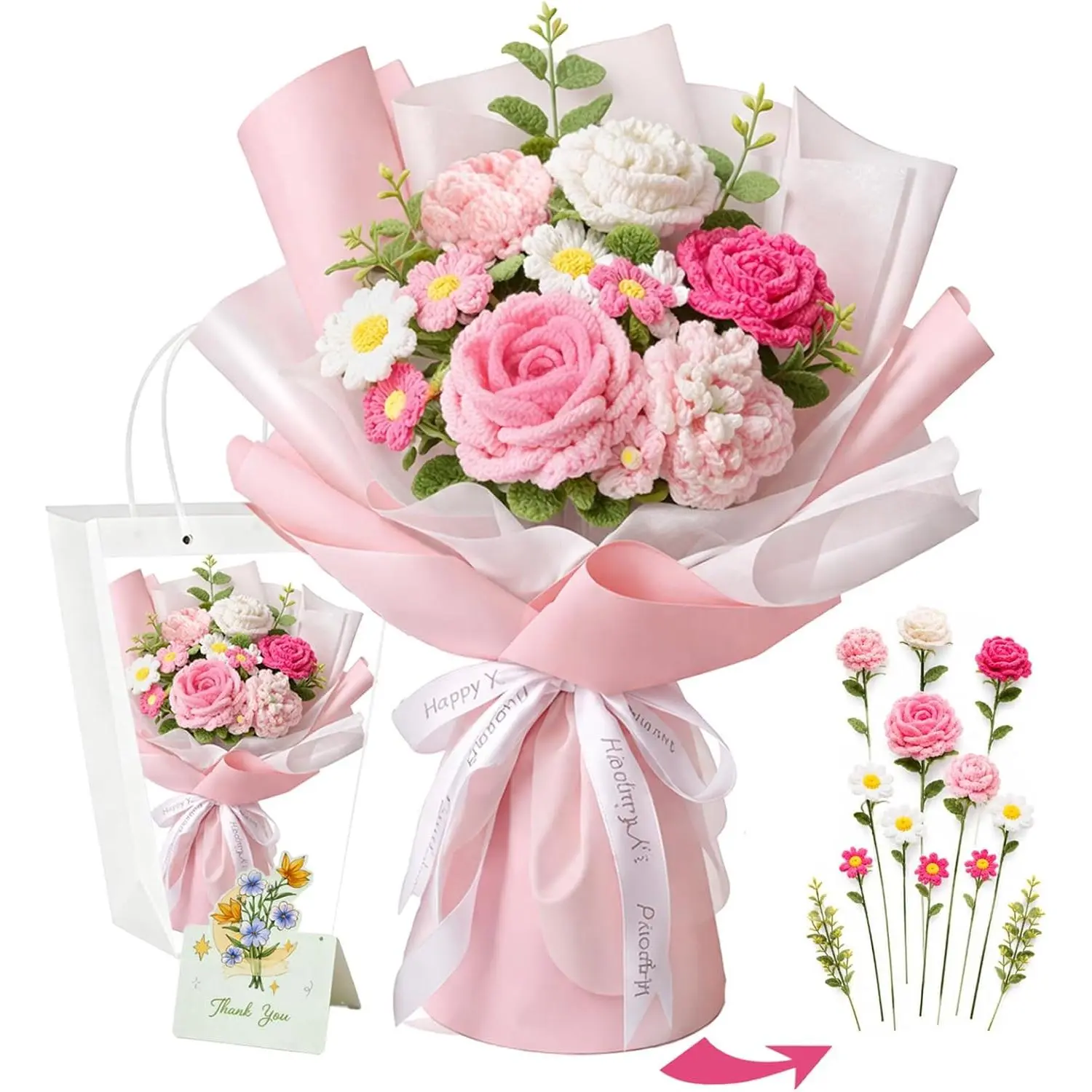 Flower Bouquet, Pink Rose & Carnation Knitted Flowers, Gift For Girlfriend, Birthday, Anniversary, Mother’s Day, Wedding Or Graduation (Includes Card) (Pink)