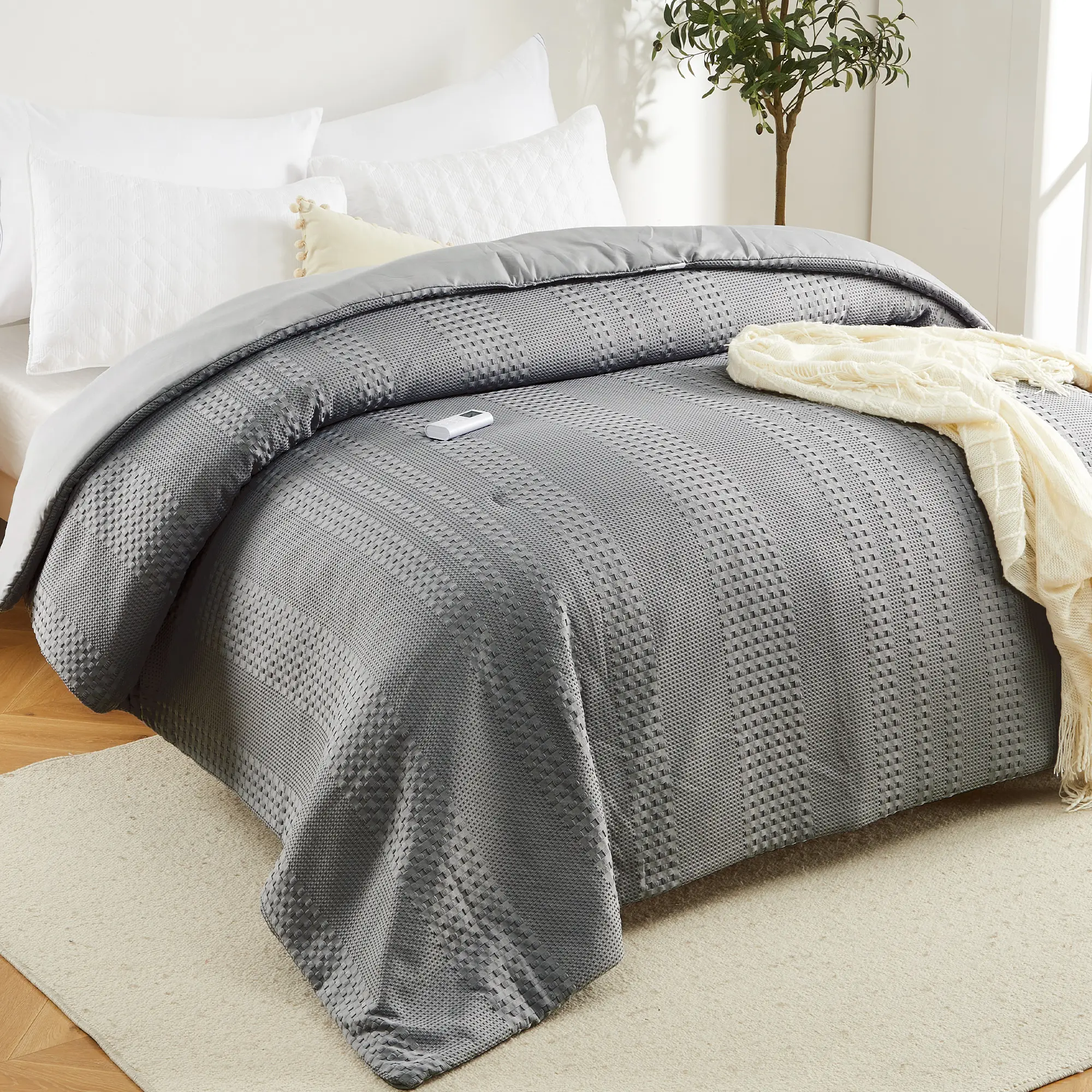 Queen/King Heated Comforter Electric Blanket, 90"*90"/104"x90" Waffle Weave Heating Blanket with Wireless LCD Controller, 6 Heat Levels & 2-10H Time Settings, UL Certified