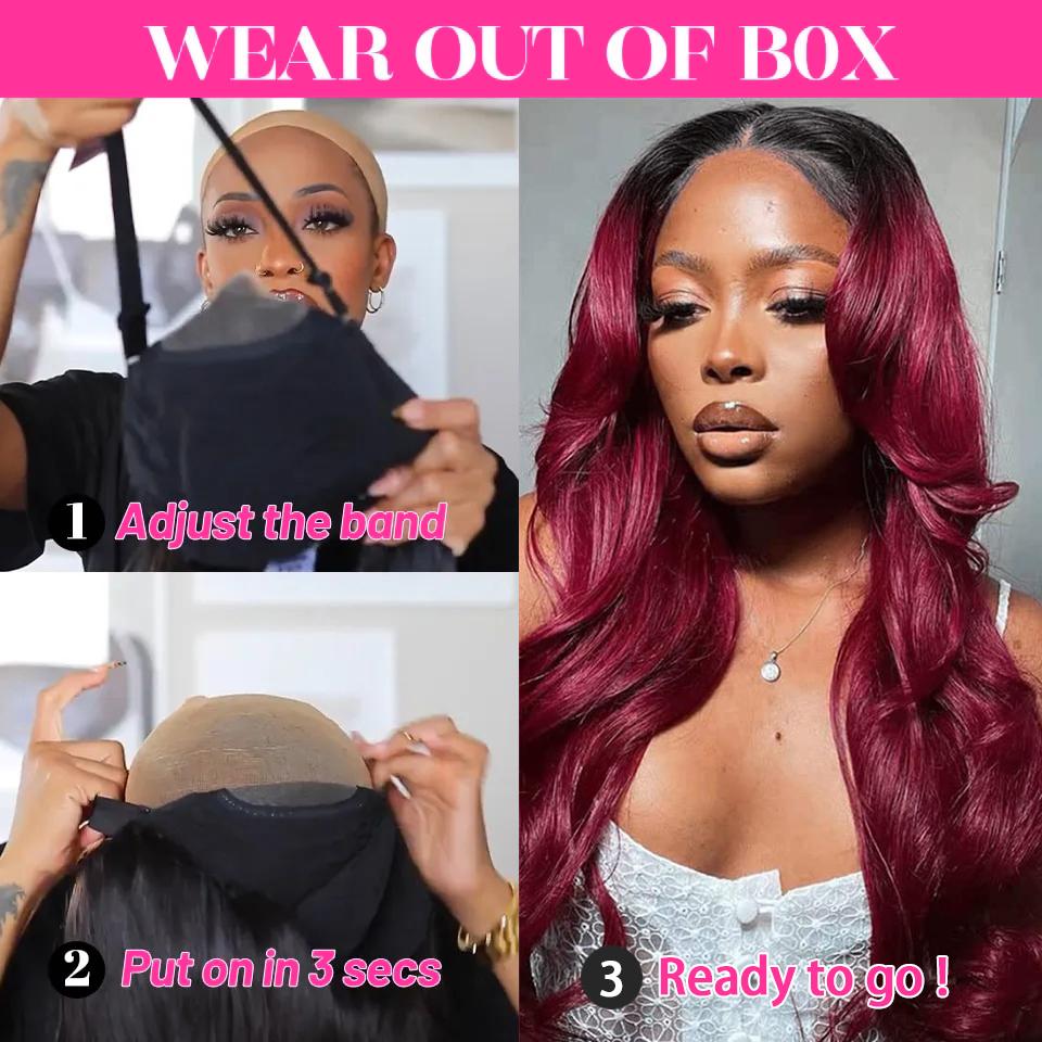 【New In】T1B 99j Burgundy 5x5 Glueless Wigs Omber 1b 99j Body Wave Pre Cut Hd Lace Closure Wig Human Hair Pre Plucked For Women Ready to Wear Glueless Wigs Bling Hair
