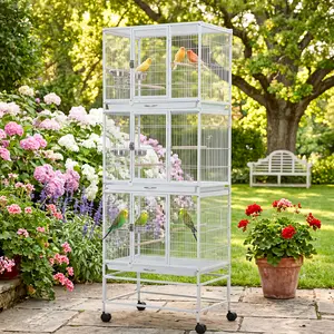 74 Inch Heavy Duty Carbon Steel Bird Cage – Large Flight Aviary with 3 Dividable Compartments, Removable Trays, Stackable Breeder Cage for Parakeets, Cockatiels, Conures, Finches, Silver Black