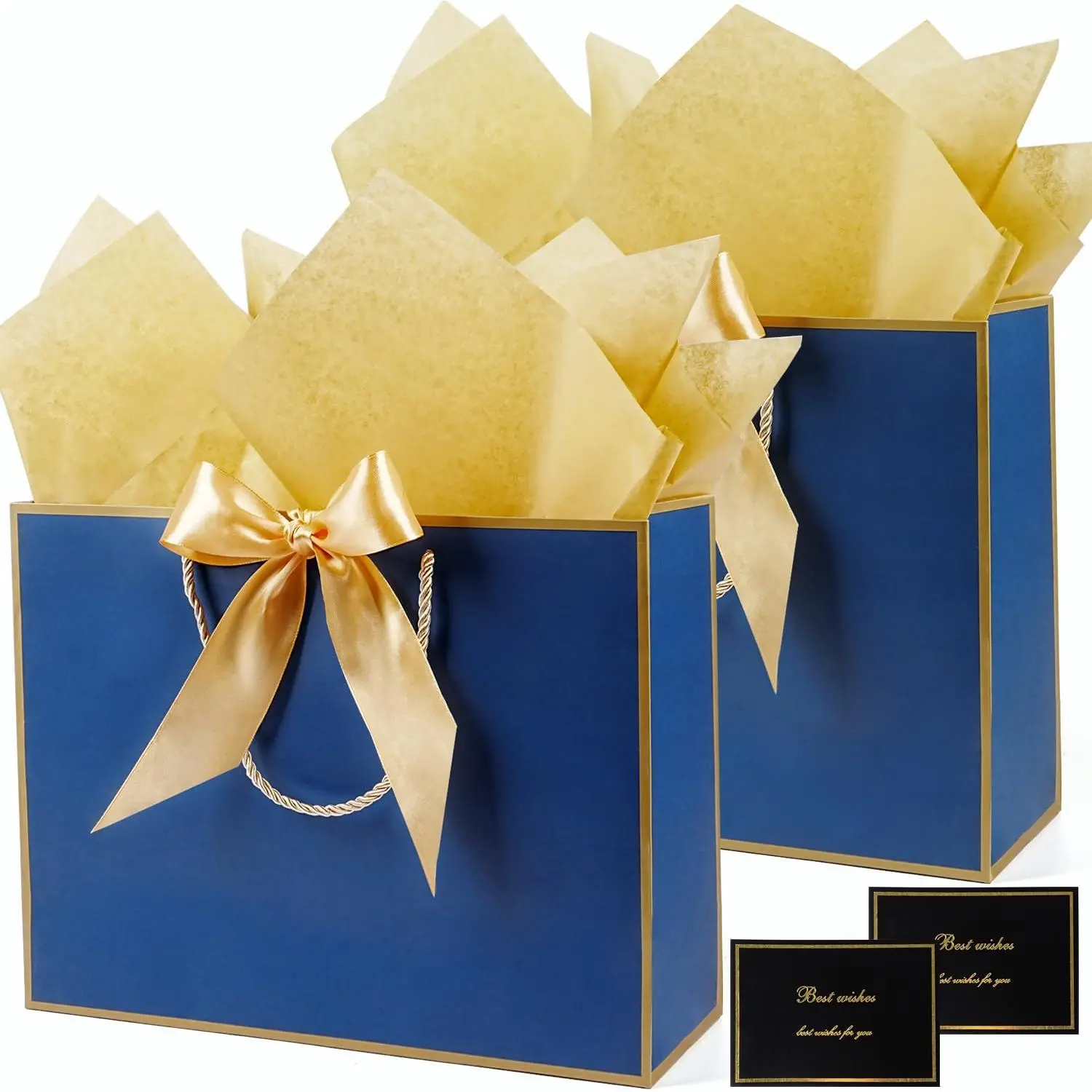 Navy Blue  Bags 13 x 10 x 4’’, Large  Bag Set with Tissue Paper and Greeting Card, 2 count  Bags with Handles Bow Ribbon, Paper Present Bags for Women Men Birthday Party Father's Day Wedding