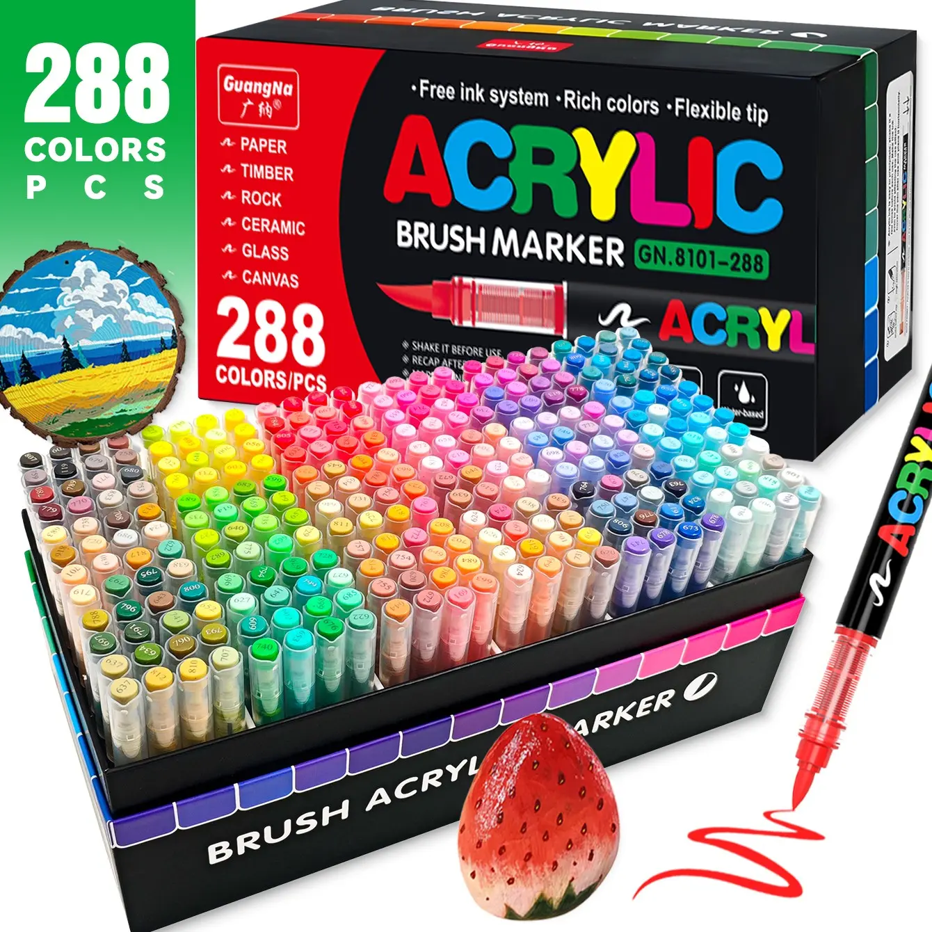 Guangna Acrylic Marker Pens Set, 12-288 Colors, Soft Tip Automatic Ink System, Ideal for Artists, DIY Crafts, Canvas, Wood, Glass, Fabric