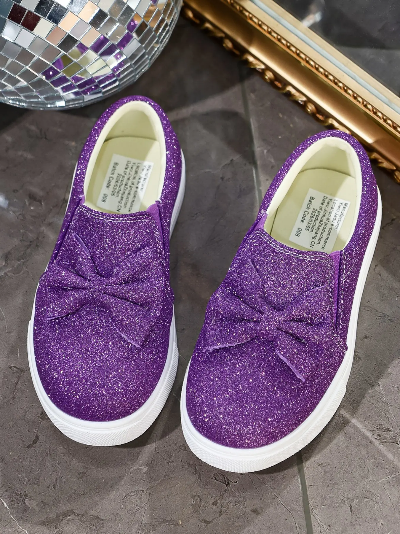 Girls' Glitter Bow Princess Style Slip-On Shoes, Soft Sole Anti-Slip Breathable Lazy Kids Shoes, School Party Daily Wear, Bowknot Design Flats