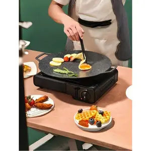 Round Maifan Stone BBQ Roasting Plate with Double Handles, Non-Stick Light Smoke Multifunctional Griddle Tray for Indoor Cooking Camping Party Use Nonstick Tabletop Griddle