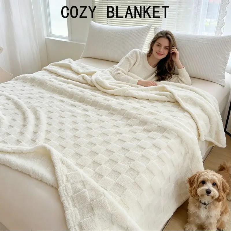 Ultra Soft Breathable Plush Blanket, Solid Color Checkered Design, Full Size, Multiple Colors, Sofa Bed Travel Decor, All Seasons