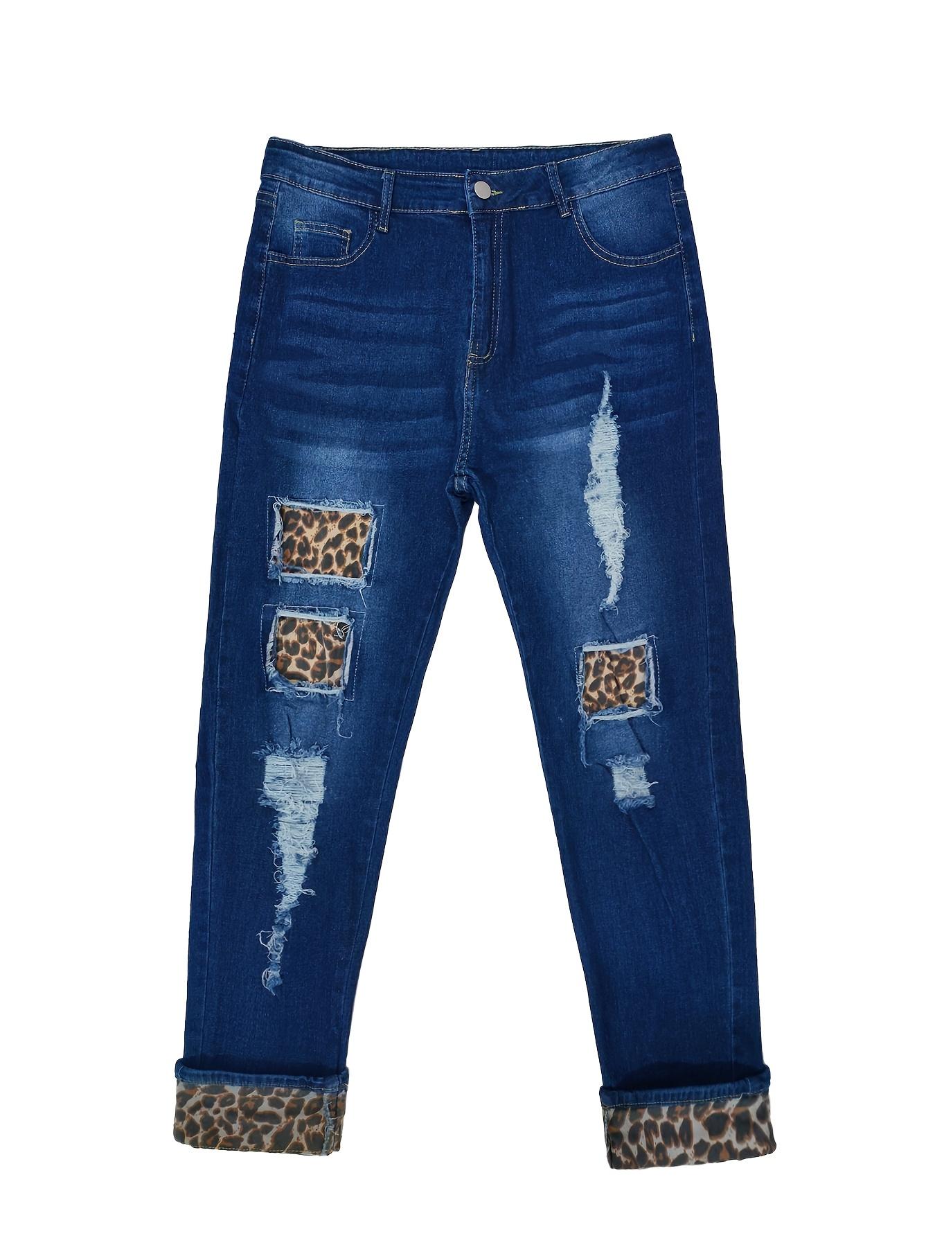 MHZ washed blue leopard print patchwork skinny jeans with multiple holes, buttons, built-in zipper closure, high waist, slim fit, casual and durable, street style, suitable for all seasons, women's plus size jeans