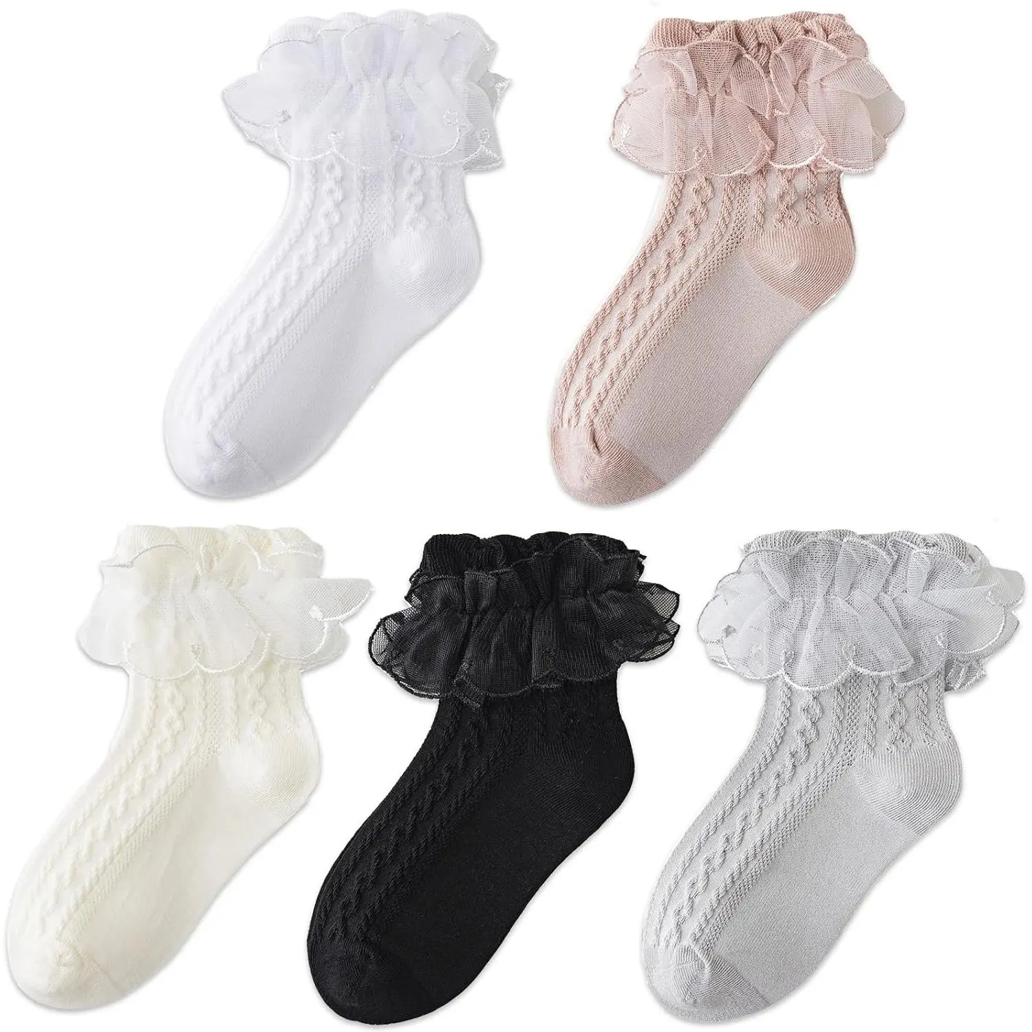 Toddler Girl Socks with Ruffle Lace Frilly 5 Pairs Kids Dress Dance Socks 1-9 Years