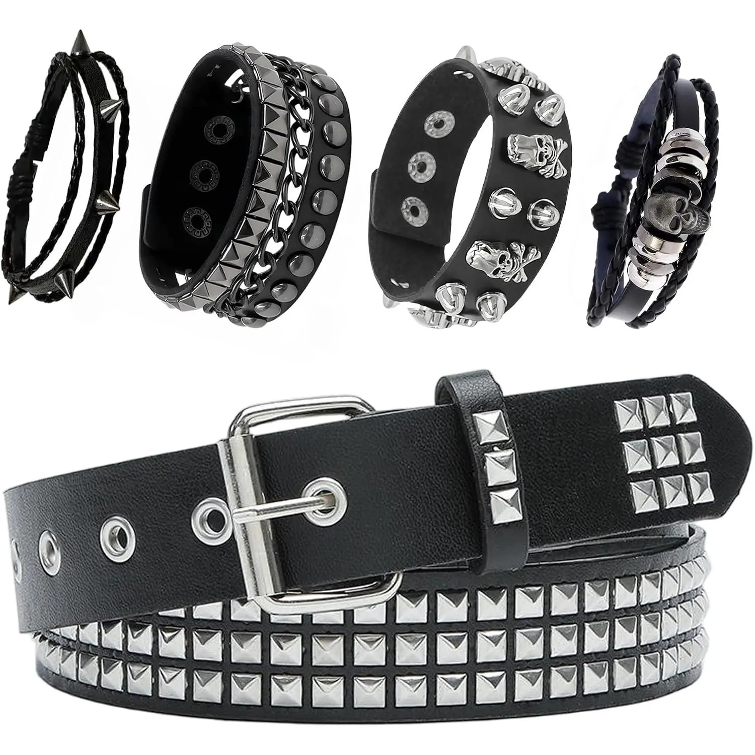 Studded Belt, Spiked Bracelets Punk Rock Black PU Leather Belt | Y2K Goth Emo Belt, Adjustable,  31" - 36", Emo Accessories, Alt Grunge Studded Bracelet Cuff Men Women Teens