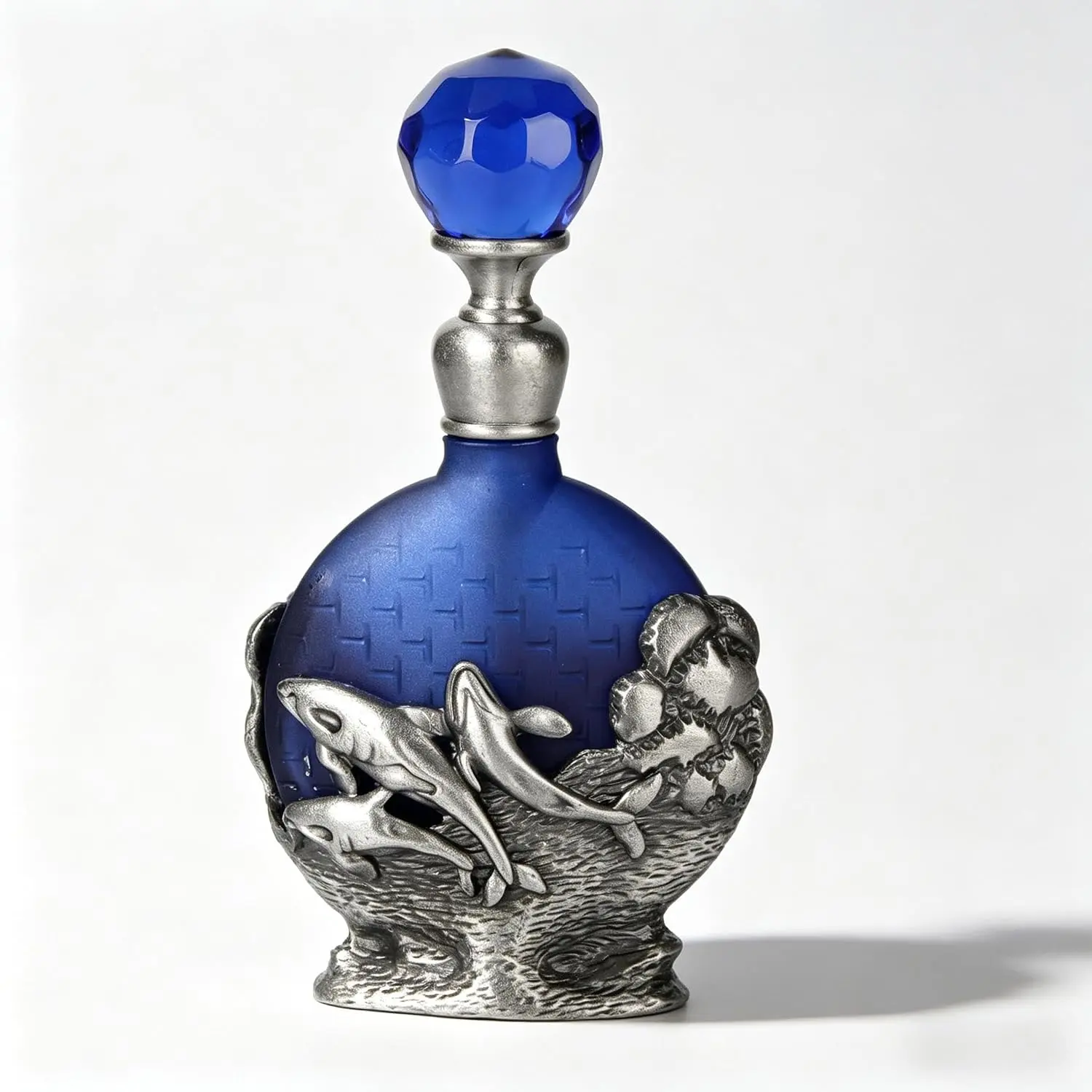 Blue Frosted Glass Refillable Perfume Scent Bottle with Dolphin Figurine | 8ml   Empty Decorative  Vial Perfume Bottle with Pewter Dolphin Embossed Metal & Faceted  Stopper
