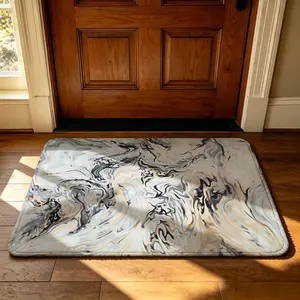 A rectangular indoor entrance mat with a marble-like pattern, featuring a soft, machine-washable design made from silicone and fleece. It's ideal for preventing dirt in entrances, at the doorways of bedrooms and bathrooms, and for use as a bedside