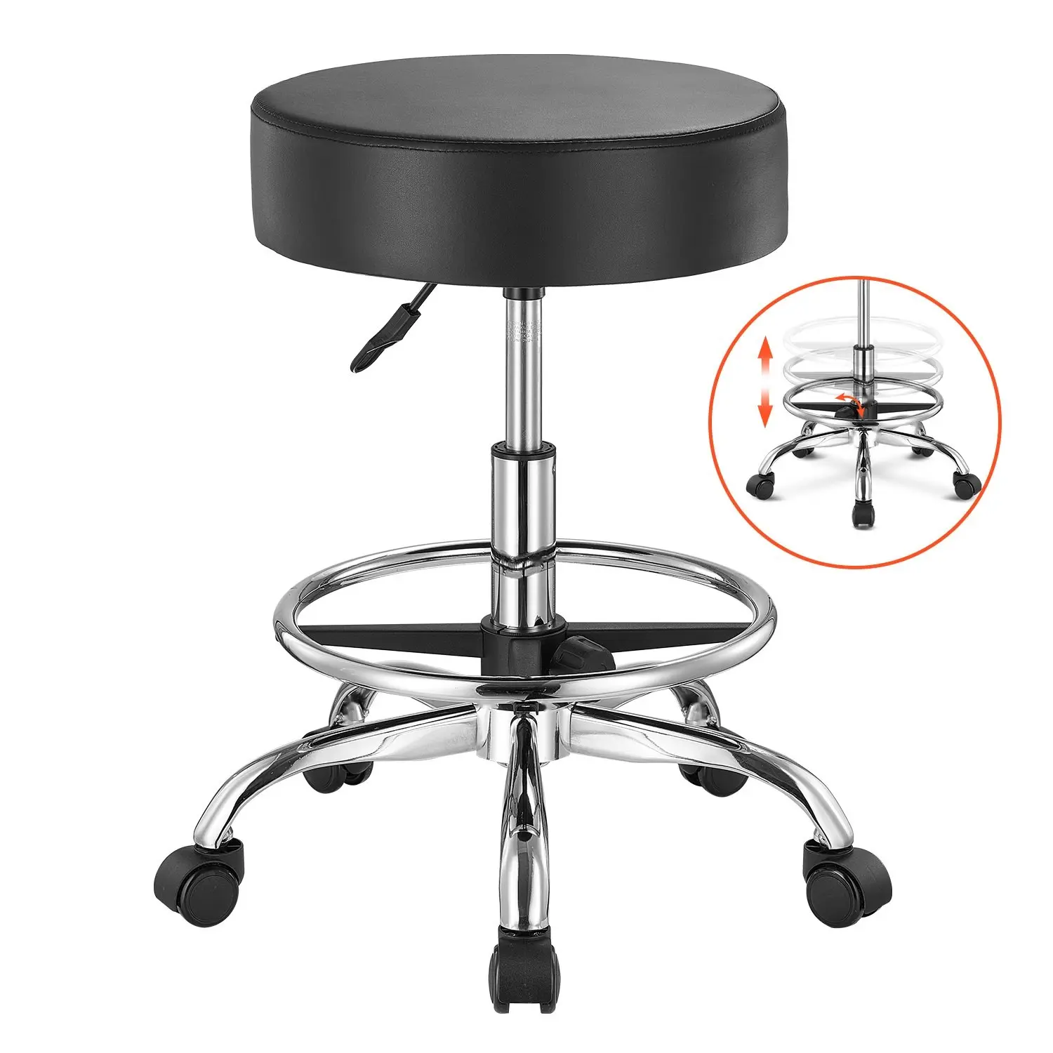 Rolling Stool with Foot Rest and Wheels, 450 Lbs Weight Capacity, Round Swivel Stool Chair, Height Adjustable Thickened PU Leather Cushioned Seat, Ergonomic, Durable Salon Spa Massage Tattoo Clinic Stool, Black
