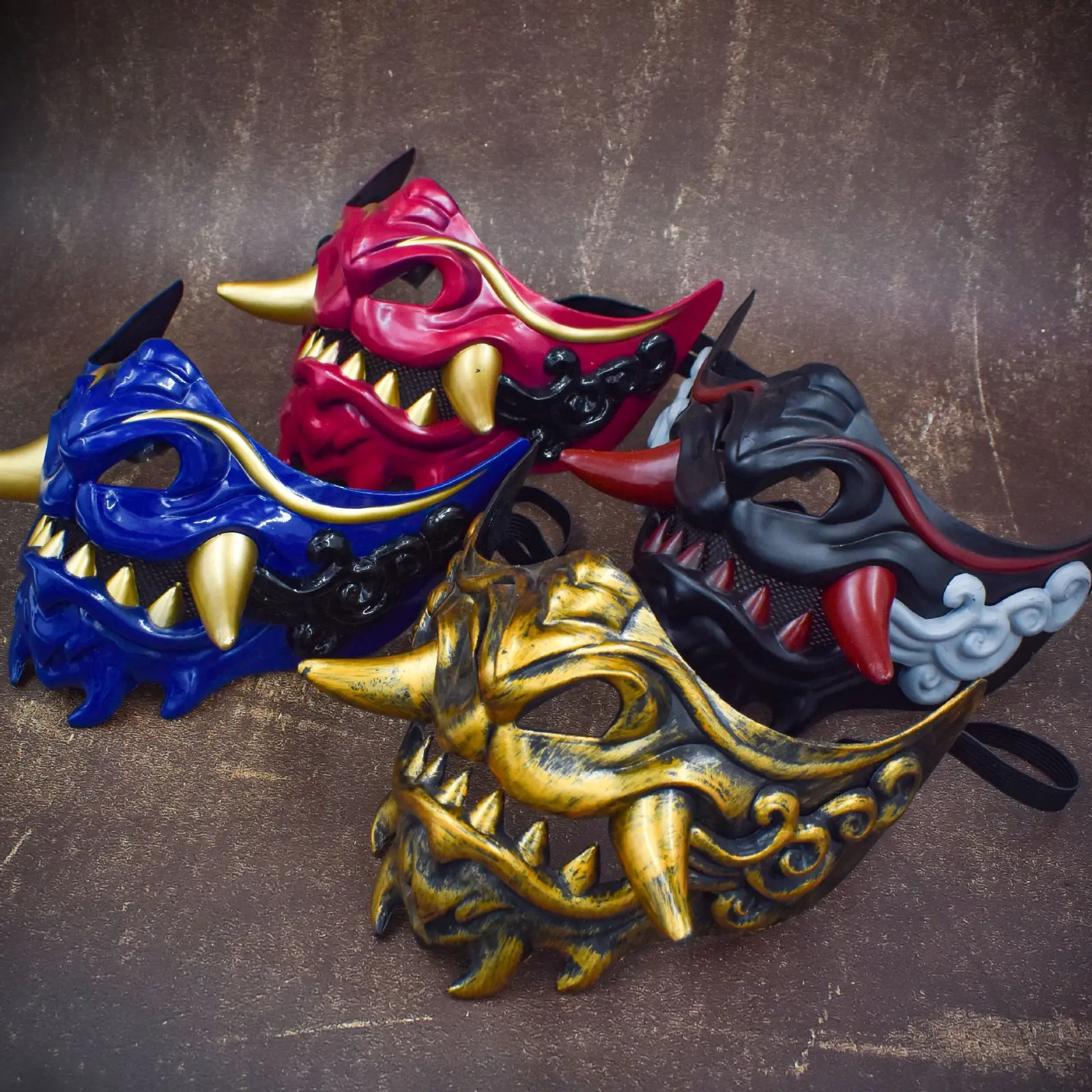 Japanese Hannya Mask, Viral Half Face Oni Demon Costume Mask, Vintage Carved Cloud Pattern Samurai Face Cover, PU Resin Adjustable Strap Breathable Mask, Multi Color Cosplay Prop for Halloween Party Photo Shoot Bar Club