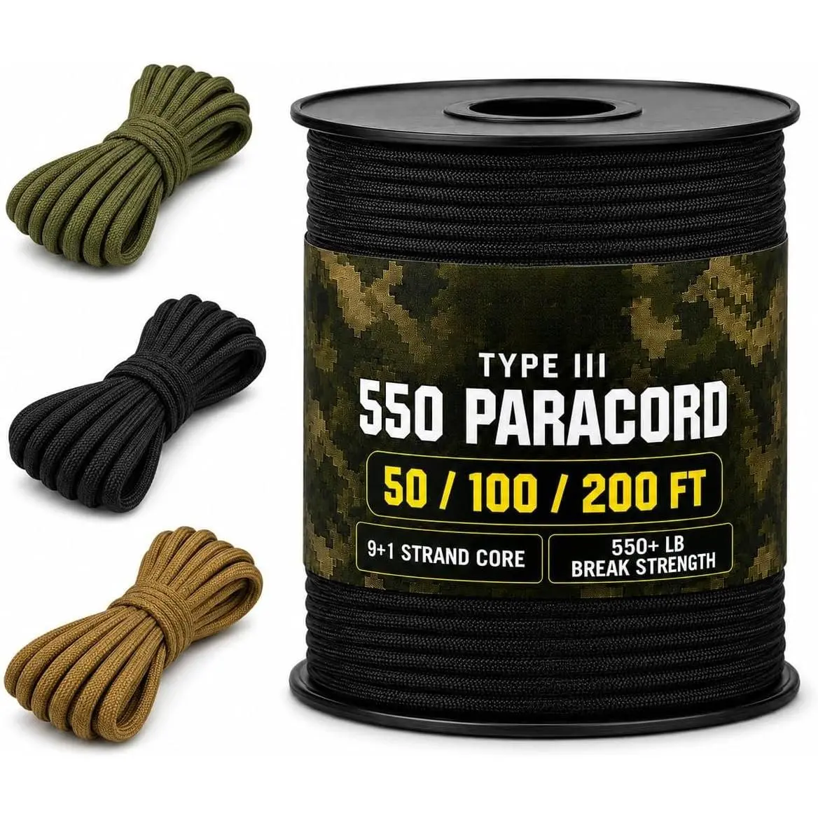 550 Paracord Type III Nylon Rope, 4mm Heavy Duty Parachute Cord 50/100/200 FT for Camping, , Bushcraft, Hiking, Outdoor Gear, EDC and DIY (Black, 50Ft)