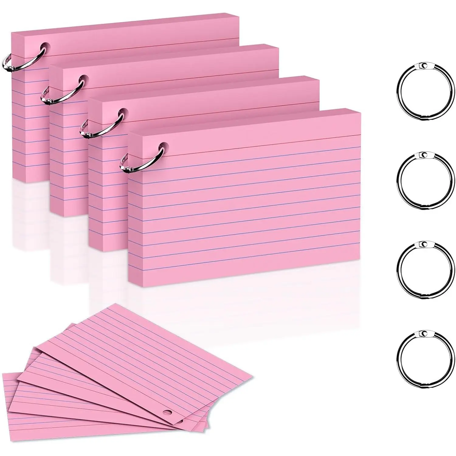 200 Count 3 x 5 Inch White Index Cards with Binder Rings, Lined & Blank Study Cards, Thick Cardstock Flash Cards for Students & Teachers, Color-Coded Notecards for School, , Work