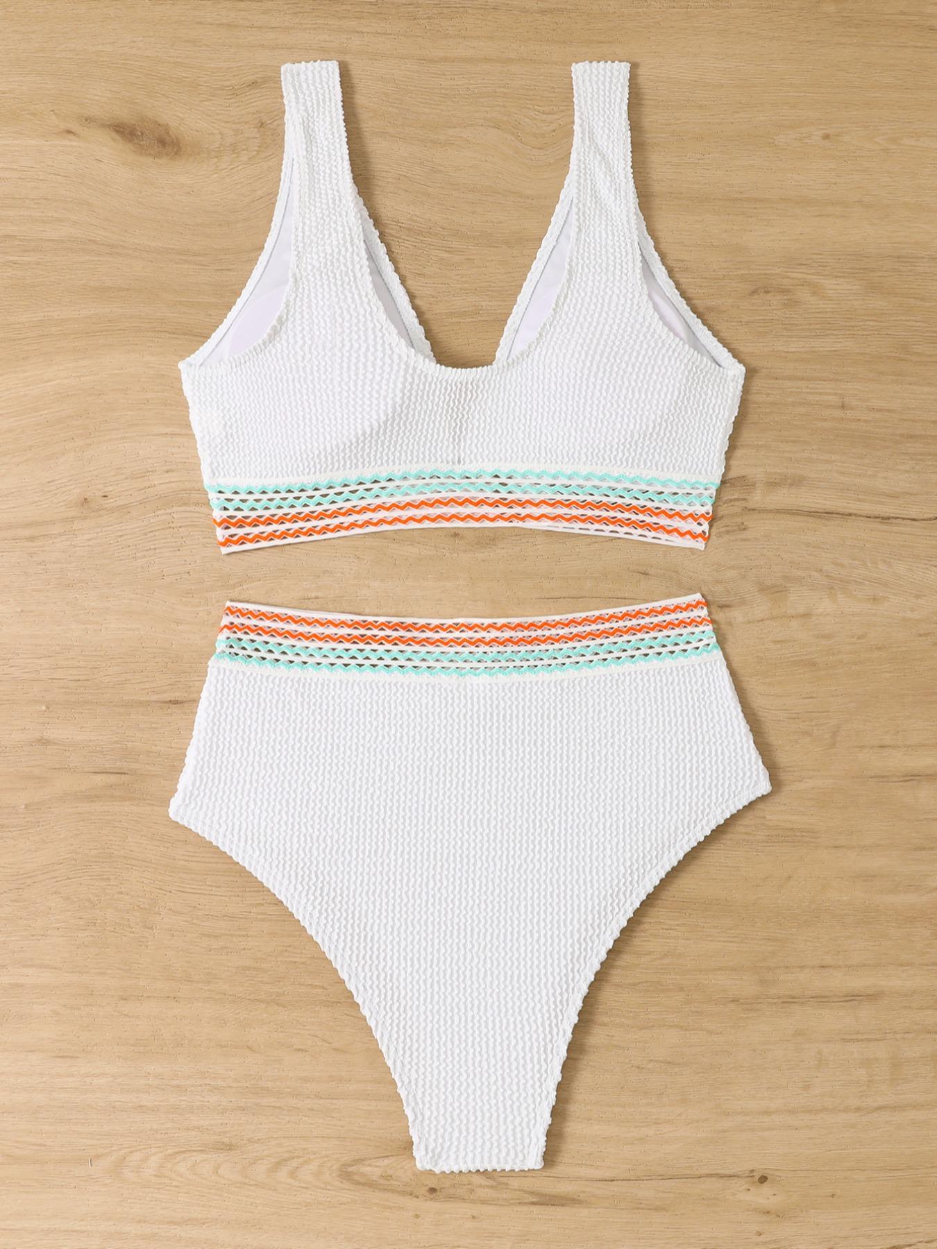 Two-Piece Set Women's Striped Tape Textured Hollow Out Bikinis, Casual Sleeveless V Neck High Waist Swimwear, Lady Bathing Suits Set, Women's Swimsuit, Bikinis Sets, Swimsuit Style Bikini