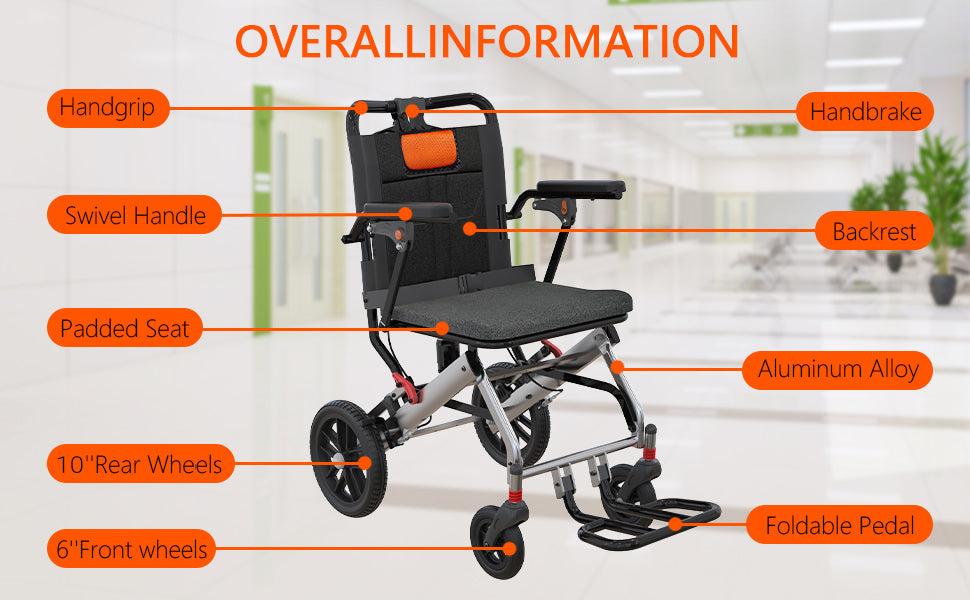 【GARVEE】Lightweight Folding Wheelchair for Seniors with Aviation Aluminum Frame, Flip Armrests, Secure Brakes, Spacious Seating, Ideal for Safe Transfers Indoors and Outdoors in Gray Orange