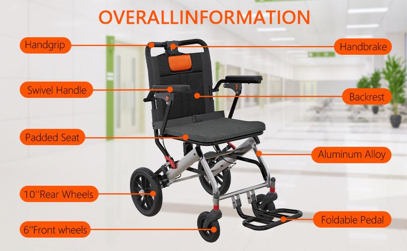 【GARVEE】Lightweight Folding Wheelchair for Seniors with Aviation Aluminum Frame, Flip Armrests, Secure Brakes, Spacious Seating, Ideal for Safe Transfers Indoors and Outdoors in Gray Orange