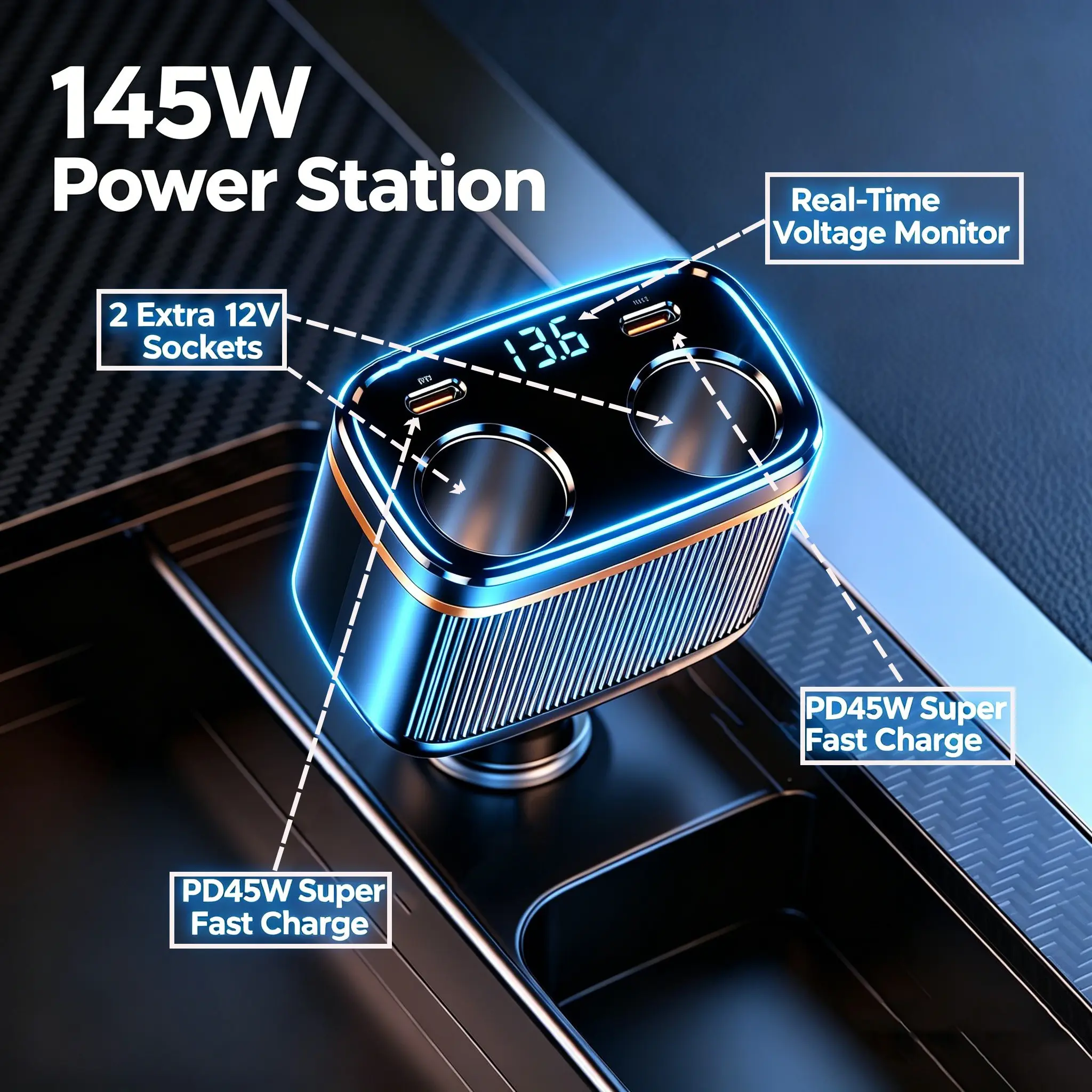145W Multi-Function Car Cigarette Lighter Splitter with 2 Sockets & PD45W Fast Charging, 6-in-1 Car Charger Adapter with Voltage Display for iPhone/Android, 12-24V Universal Car Power Accessory