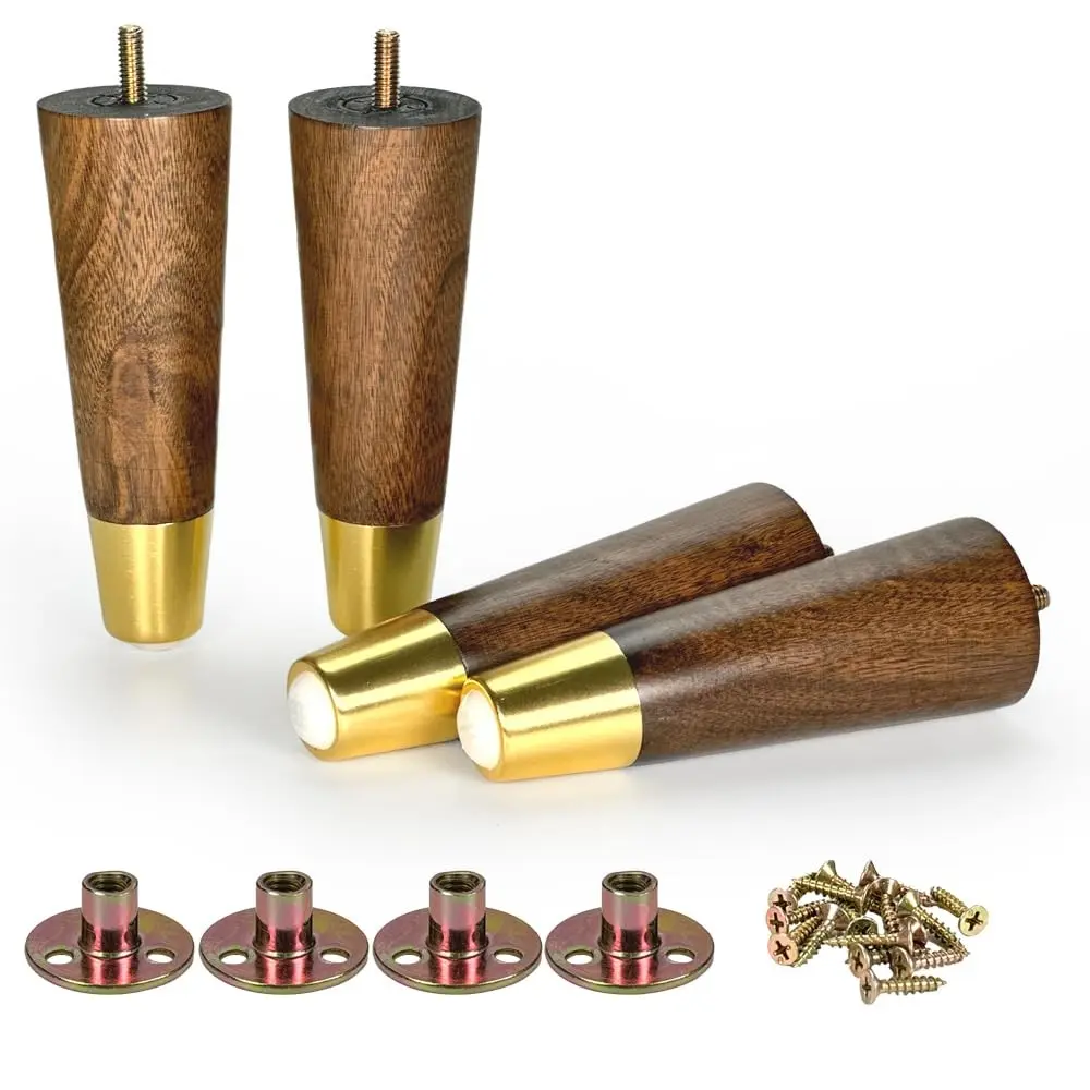 Wooden Furniture Legs Hardware with Caps, 4-Piece Set, Solid Wood, Deep, 4-Inch/6-Inch, for Sofa, Chair, Cabinet, Dresser, Bed, TV Stand