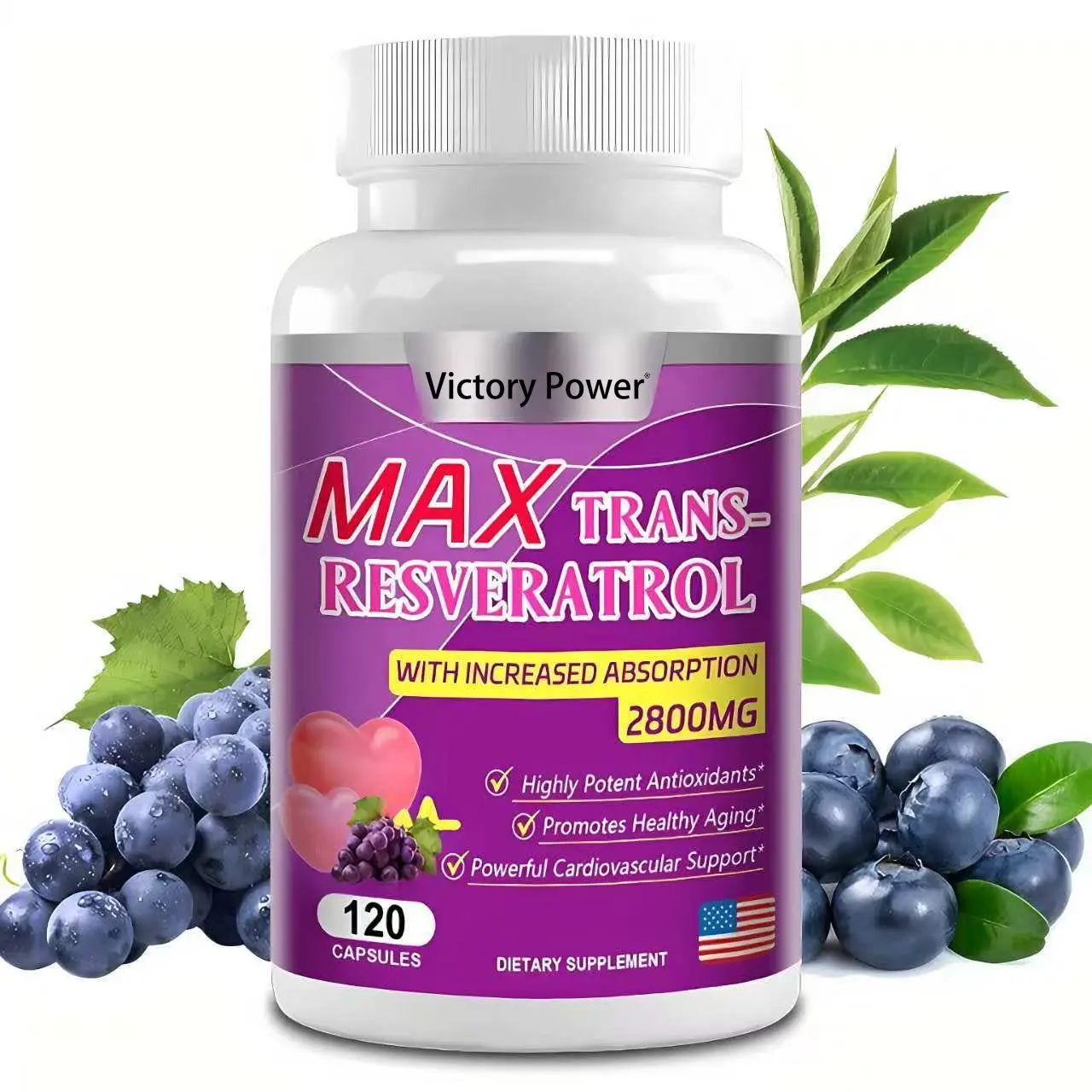 Resveratrol Supplement, Vitamin C, Trans-Resveratrol 120 Capsules, Supports Cardiovascular Health, aging, Antioxidant