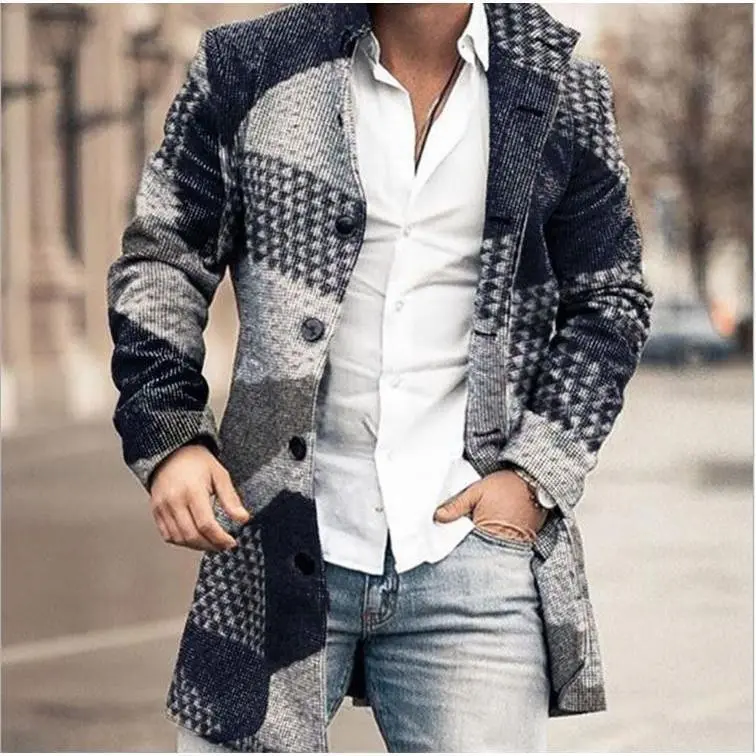2025 Autumn Winter Woolen Men's Coat Printed Mid-Length Woolen Trench Coat Single-Breasted Jacket
