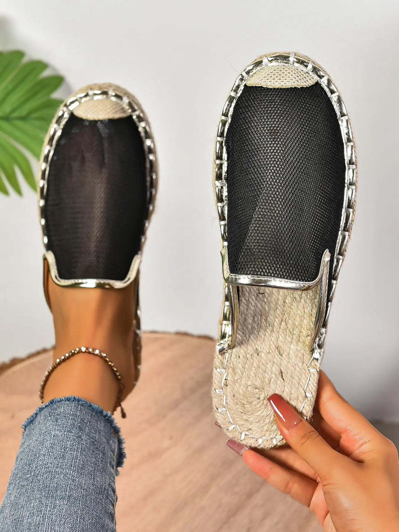 Pure Color Mesh Slippers, Hemp Rope Sole, Casual Plain Design, All-Season Comfortable Footwear, Daily Wear Mules, Flat Heel Style