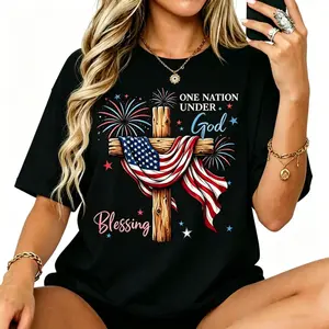 American Flag A Nation Under God's Protection Men's and Women's T-Shirts July 4th Fireworks American Patriotic Tshirt