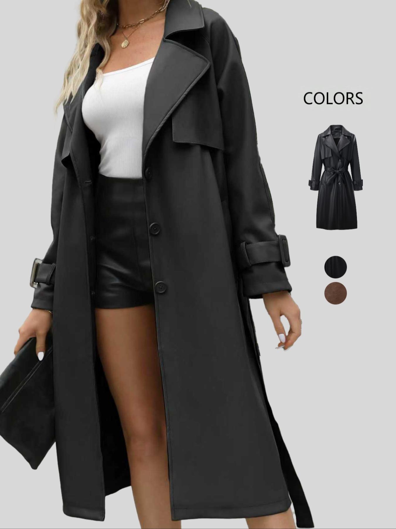 Women's Spring British Style PU Long Jacket, Casual Fitted Windbreaker, Lightweight Elegant Commuter Coat, Includes Waistband