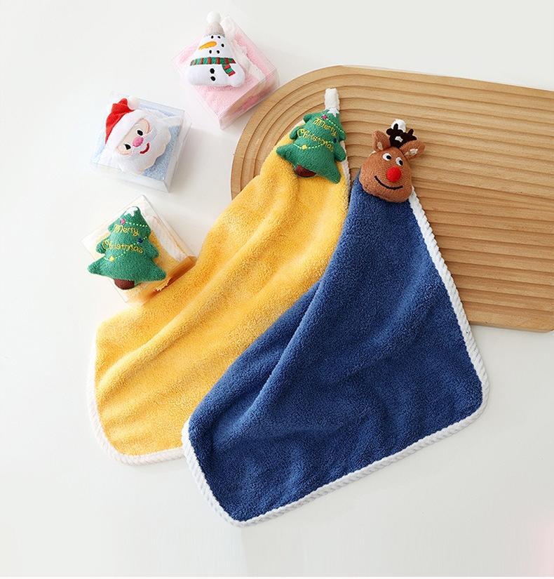 Xmas Coral Fleece Kids Hand Towel: Cartoon Hanging Style, Festive Creative Design, Home Decor & Friend Gift
