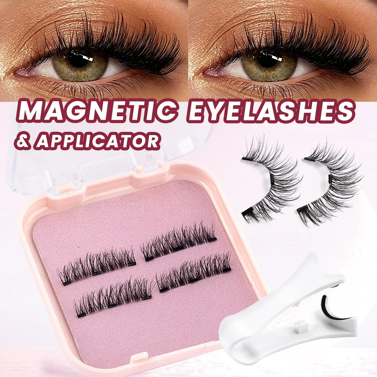 MAANGE 1 Pair Half Magnetic False Eyelashes Kit with Applicator, Glue-Free Soft Curl Cat Eye Lashes, Flare & Wispy Natural Finish, Invisible Thin Band Reusable Magnet Lashes, Lightweight Fake Eyelashes, Easy Application for Beginners Daily Eye Makeup
