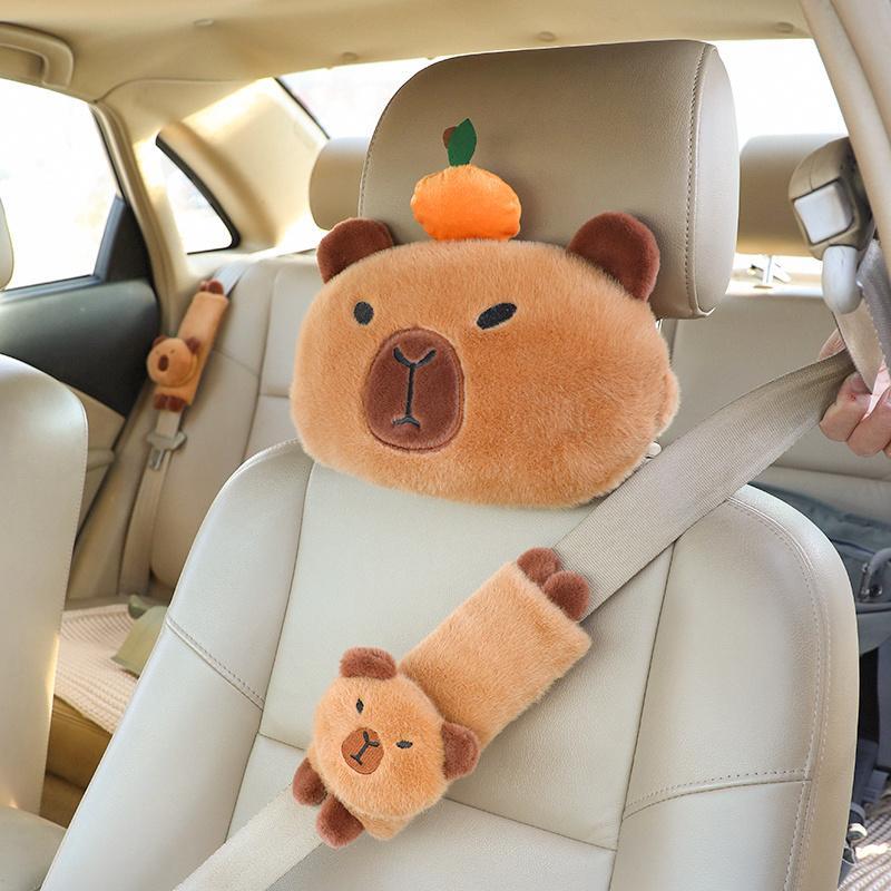 Capybara Design Car Seat Belt Protector, 2 Counts/set Cute Plush Car Seat Belt Cover & Pillow, Car Interior Decoration for Adults, Cute Car Accessories
