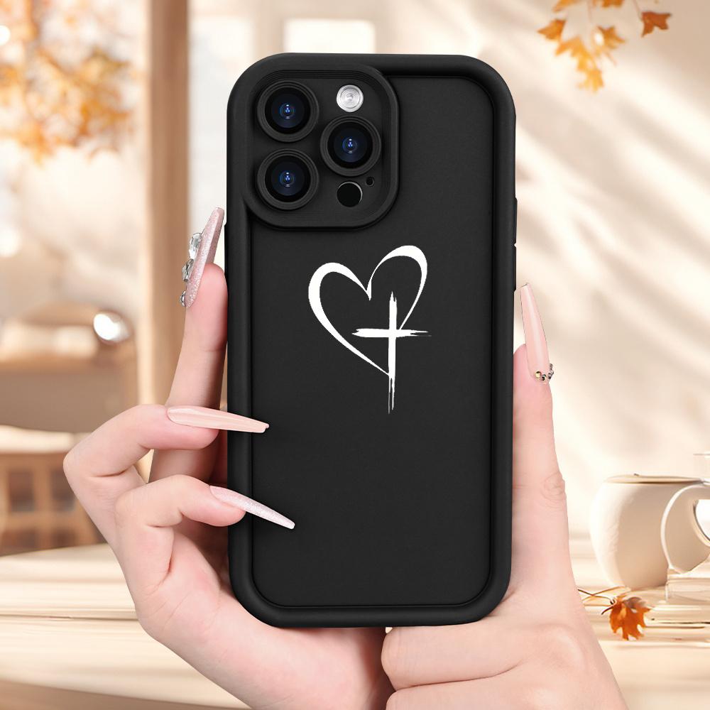 This phone case is compatible with iPhone 17 E Air Pro ProMax iPhone16 15 14 Plus 13 12 Mini 11 X XS XR. It has a unique minimalist design with heart and cross patterns, is anti-fouling, and is perfect for couples