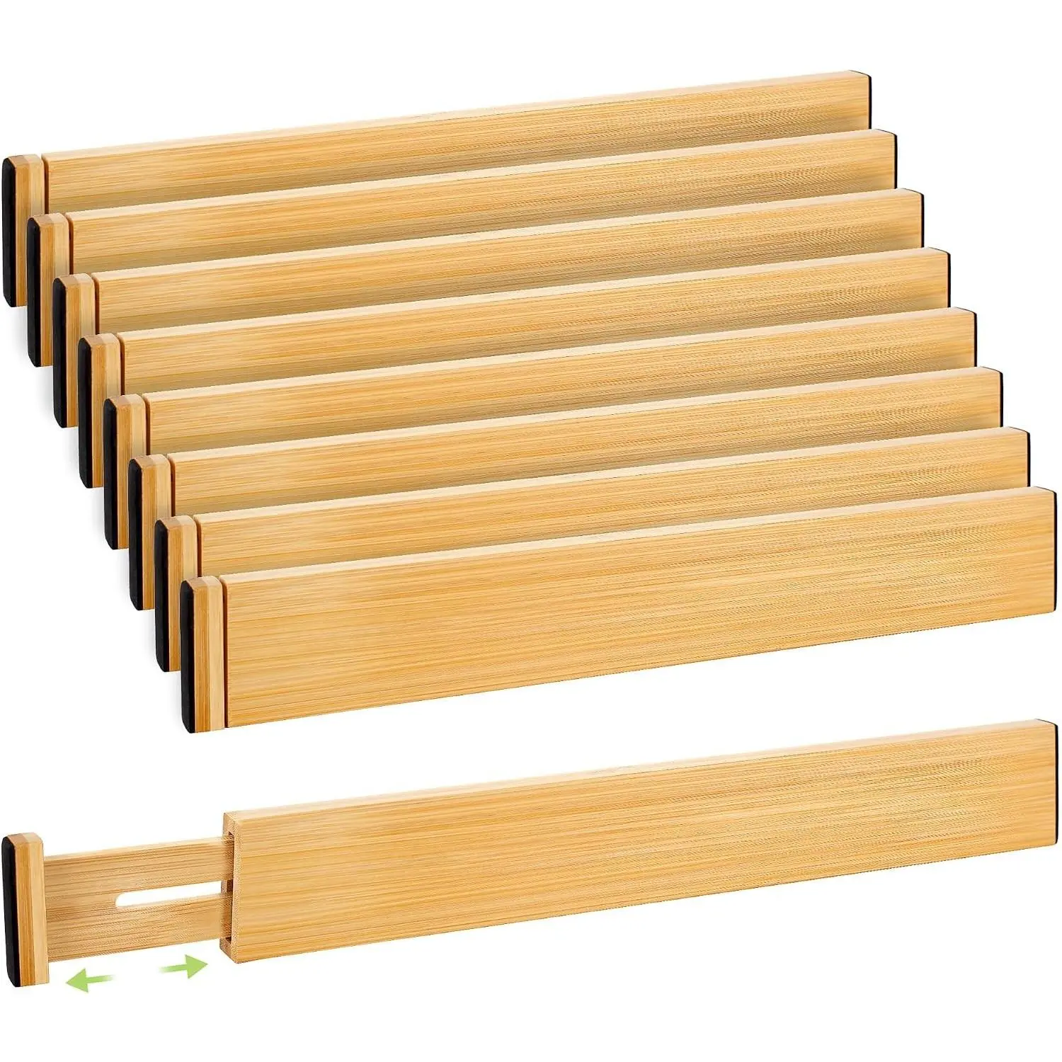 Drawer Divider, Adjustable Bamboo Kitchen Drawer Organizer, Spring Loaded Drawer Organizer, Dresser Separators for Kitchen, Bathroom, Clothes, Office Desk Storage (Natural, 8 Pack Large)