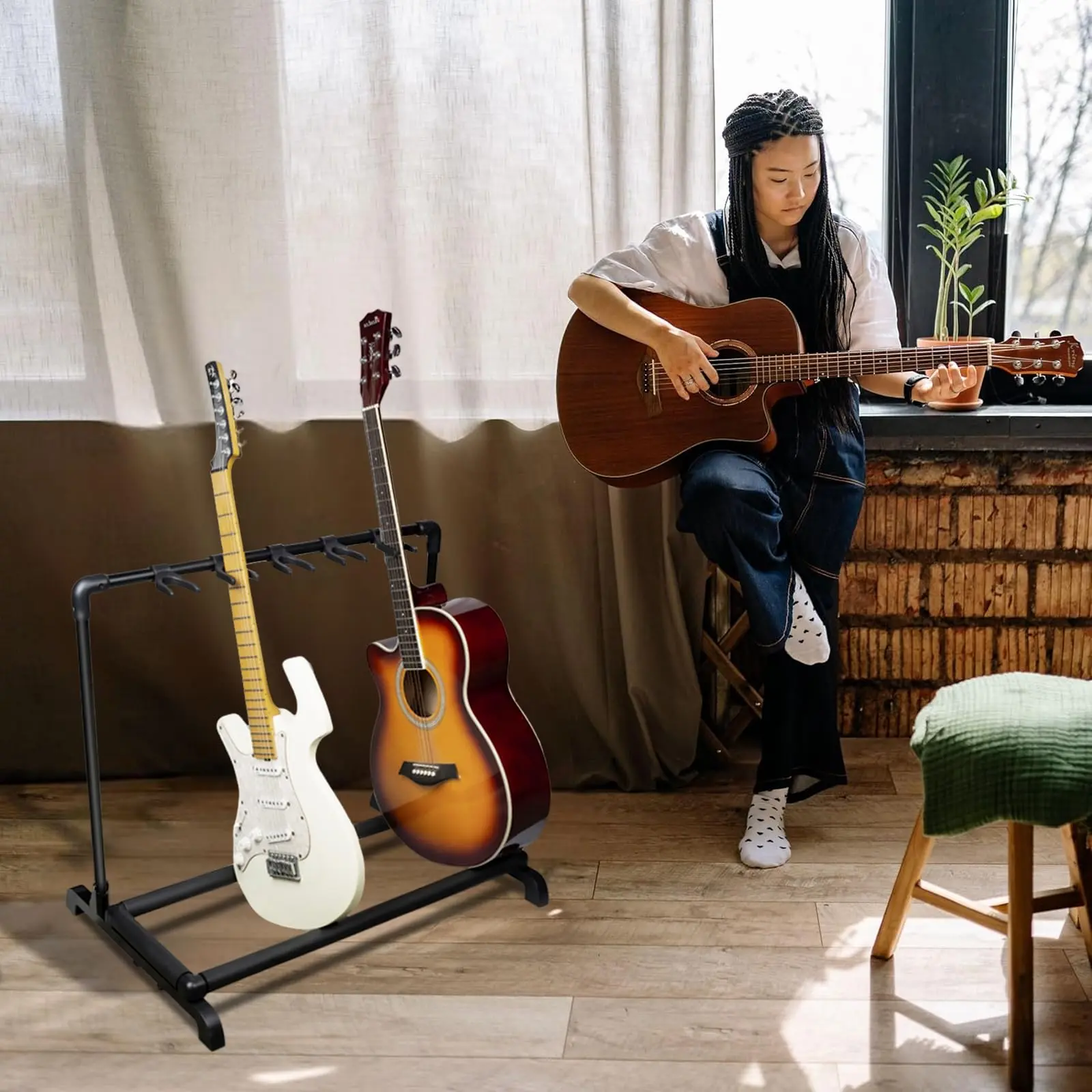 5-Holder Foldable Multi Guitar Stand Rack - Minimalist Steel Frame, Non-Slip Security System, Universal Capacity, Adjustable Stand for Acoustic/Electric Bass, Space-Saving Studio/Stage Storage, Guitars & Gear Accessories