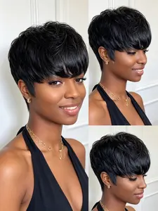 Natural Black Short Layered Pixie Cut Human Hair Wigs with Bangs Full Machine Made Wig for Women