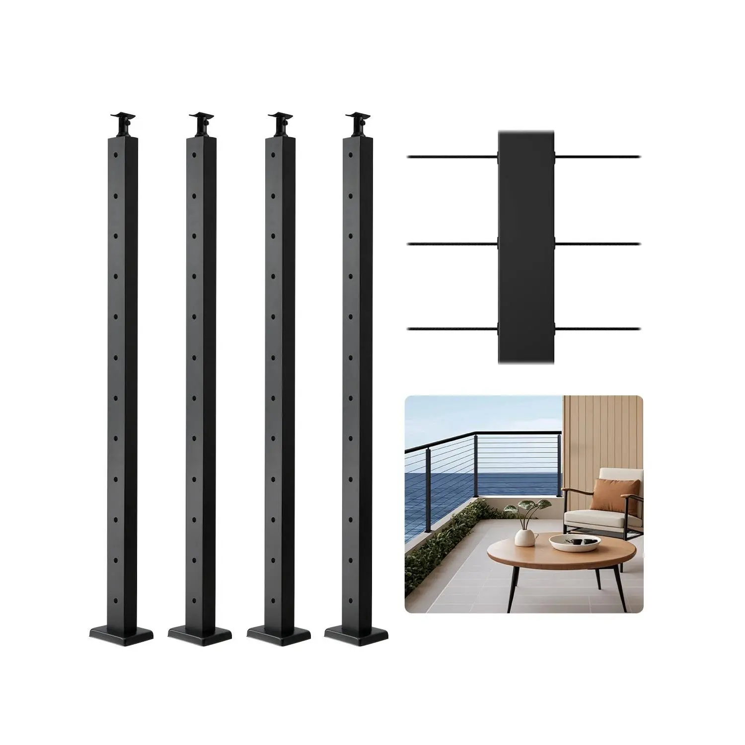 VEVOR 4-Pack Stainless Steel Commercial Cable Railing Posts - 42x2x2in Horizontal-Hole Deck Posts with Pre-Drilled Holes, Square/Round Pipe Compatible, Black, Stylish, Easy to Install, Accessories Kit for Balconies, Boost Deck Safety & Security