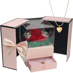 Preserved  in A  Box with Bow - Forever Red Roses with  Heart Necklace for Her - Valentines Day Mother's Day Birthday Anniversary for Women Wife Mom Present (Red)